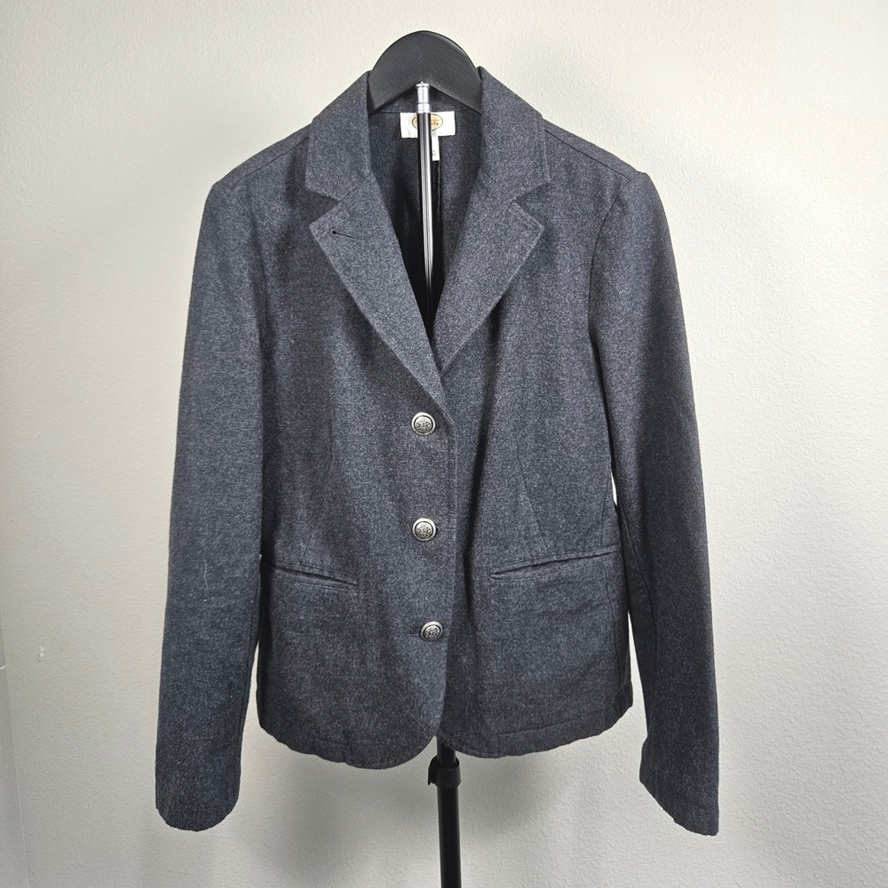 Talbots Blazer Women 8 Grey Cotton Silver Crest Button Preppy Dark Academia